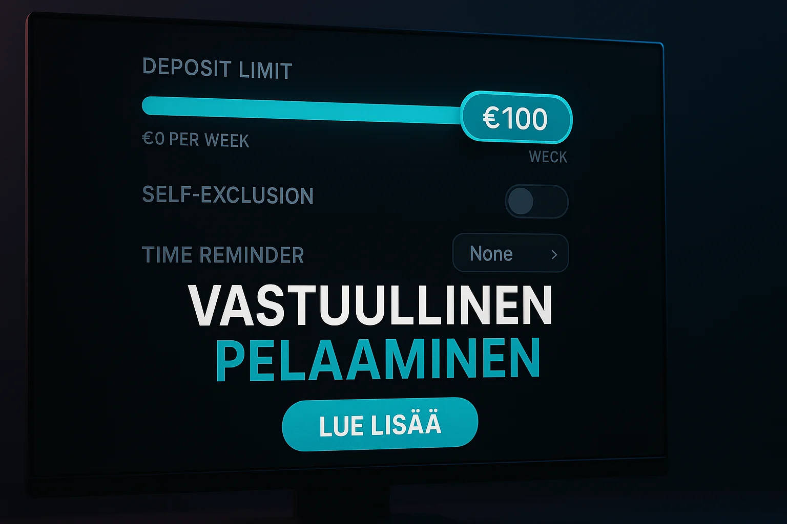 Suomalainen kasinobanneri vastuullisen pelaamisen asetuksilla ja Lue lisää -painikkeella