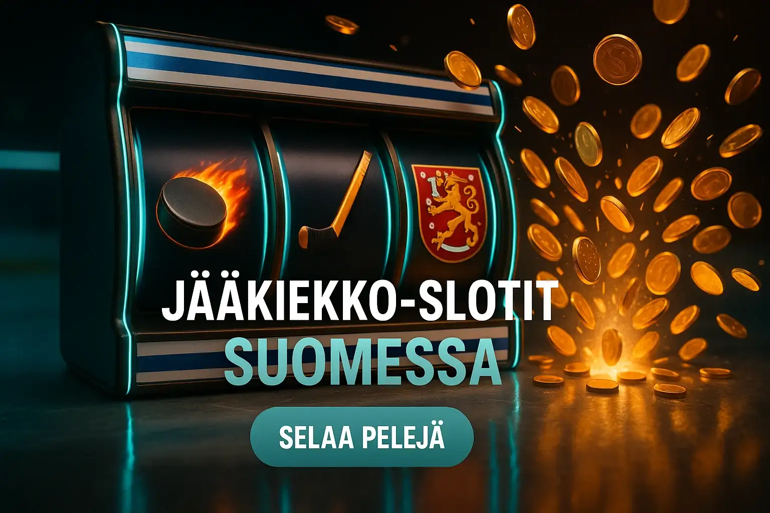 Fotorealistinen suomalainen kasinobanneri, jääkiekko-aiheiset kolikkopelirullat ja kultakolikot