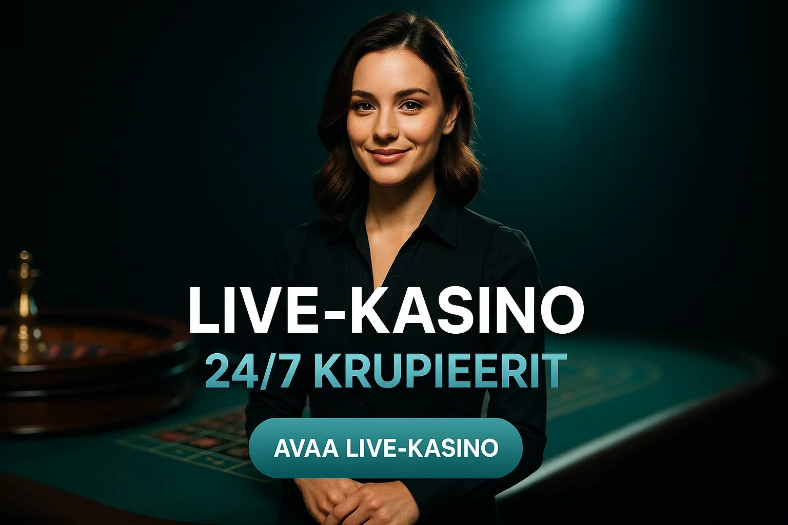 Suomalainen live-kasino banneri, naisdiileri rulettipöydän äärellä 24/7