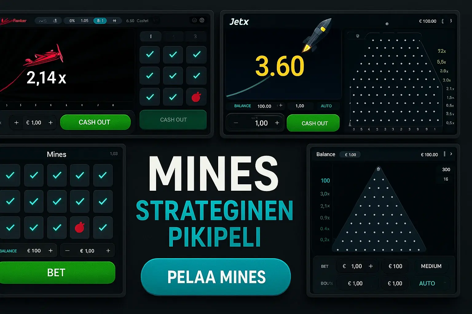 Suomalainen kasinobanneri, Mines-pikapeli ja crash-pelien käyttöliittymät 2x2-ruudukossa
