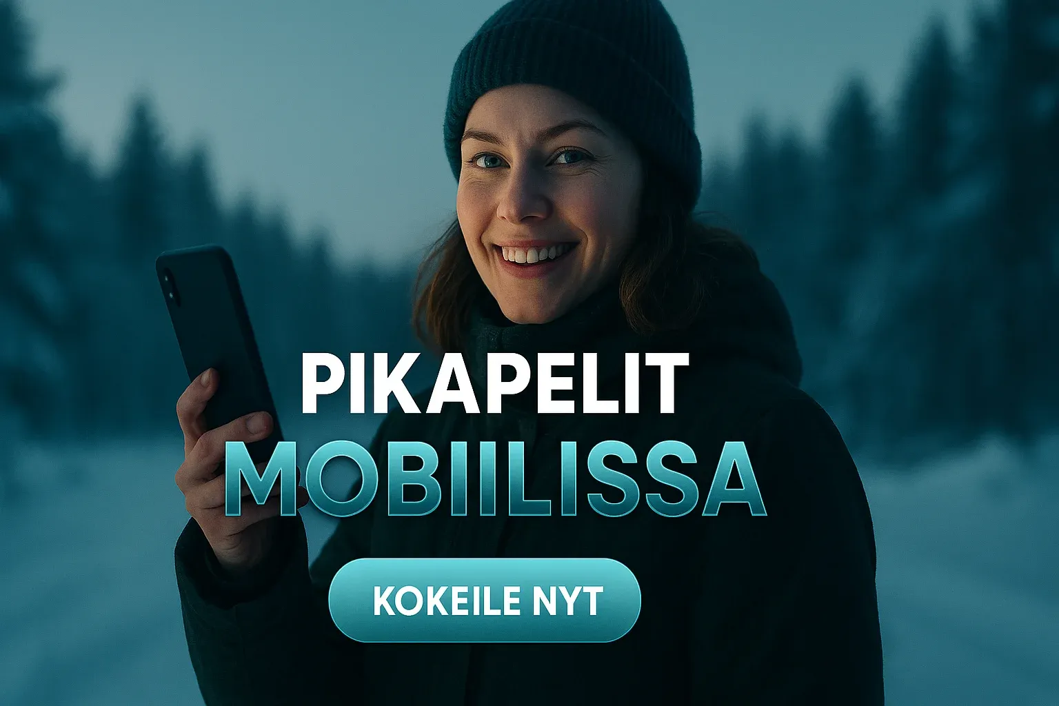 Suomalainen nainen talvimaisemassa pitelee puhelinta, teksti PIKAPELIT MOBIILISSA KOKEILE NYT
