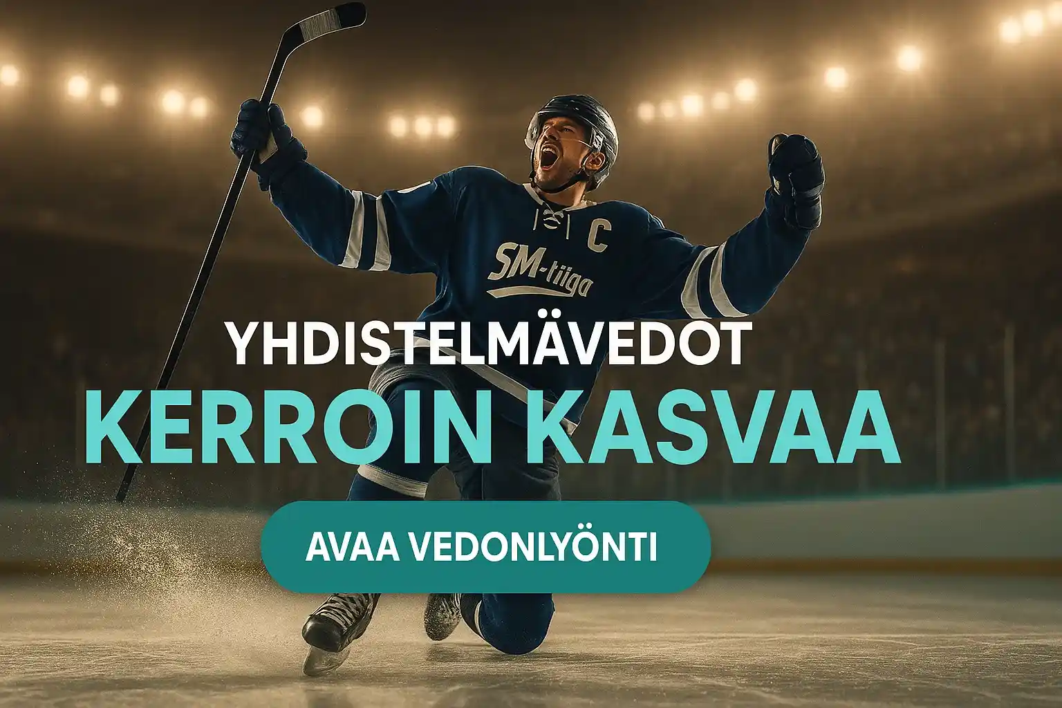 Suomalainen jääkiekkoilija juhlii maalia, vedonlyöntibanneri ja CTA-painike